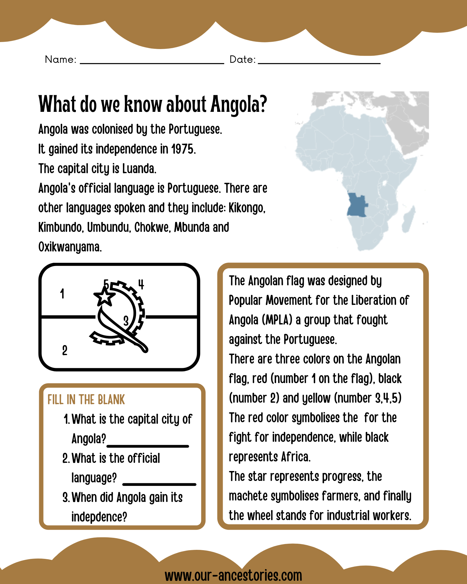 Our Ancestories - Angola Country Profile - Free Worksheets