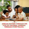 Parents reading an African history book with their children, promoting family learning and storytelling