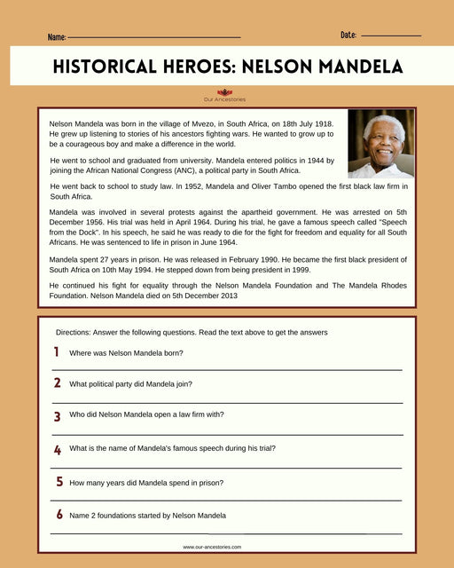 Our Ancestories - Nelson Mandela - Free Worksheet