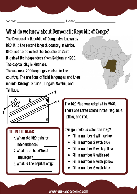 Our Ancestories - Democratic Republic of Congo Country Profile - Free Worksheets