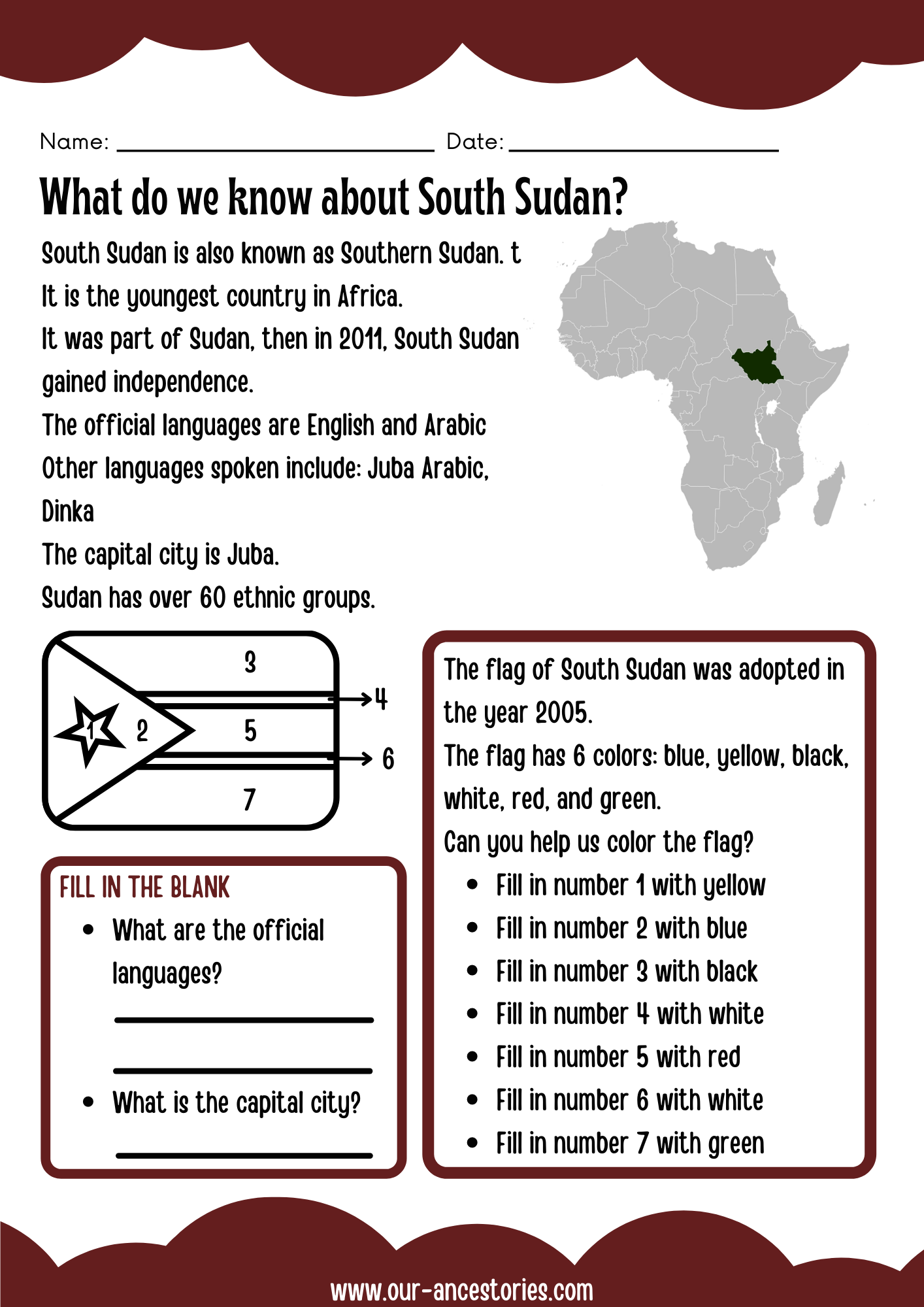 Our Ancestories - South Sudan Country Profile - Free Worksheets